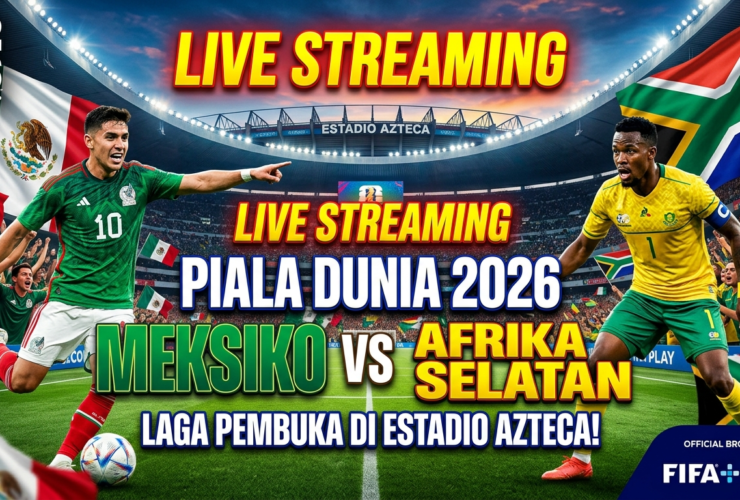 Live streaming promo for Mexico vs. South Africa at World Cup 2026, Estadio Azteca, with players and national flags behind stadium lights.