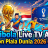 Colorful sports poster showing football players celebrating around a large FIFA World Cup trophy with a stadium crowd and a big screen, and bold text advertising 'Bgibola Live TV Apk Nonton Piala Dunia 2026 Gratis'