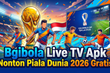 Colorful sports poster showing football players celebrating around a large FIFA World Cup trophy with a stadium crowd and a big screen, and bold text advertising 'Bgibola Live TV Apk Nonton Piala Dunia 2026 Gratis'