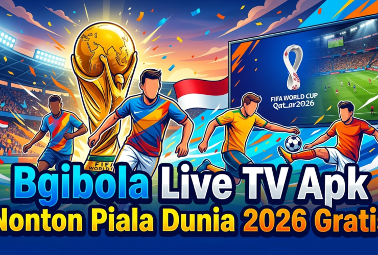 Colorful sports poster showing football players celebrating around a large FIFA World Cup trophy with a stadium crowd and a big screen, and bold text advertising 'Bgibola Live TV Apk Nonton Piala Dunia 2026 Gratis'