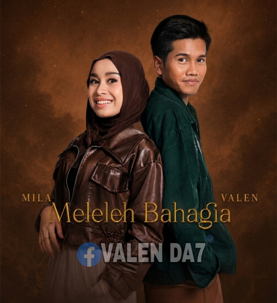 Picsart_26-06-23_19-36-03-240 | Map Bussid Terbaru Poster of a man and woman back-to-back, smiling, against a warm brown background; the title 'Meleleh Bahagia' is across the lower center with a watermark 'VALEN DA7'.
