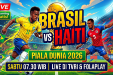 Bright, action-packed poster advertising Brazil vs. Haiti for World Cup 2026 with players and streaming info: Live, Gratis, TVRI & Folaplay.