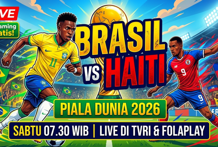 Bright, action-packed poster advertising Brazil vs. Haiti for World Cup 2026 with players and streaming info: Live, Gratis, TVRI & Folaplay.