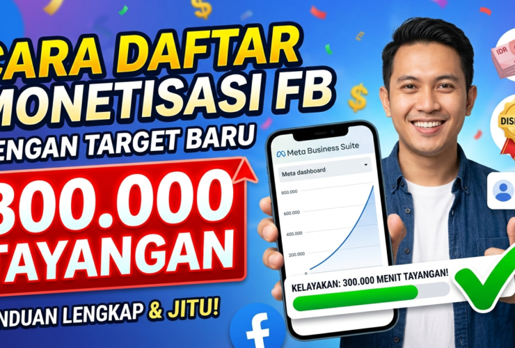 Promo thumbnail: teks 'Cara Daftar Monetisasi FB' dengan pria tersenyum, 300.000 Tayangan di latar merah besar di telepon/ikon grafik naik di ponsel