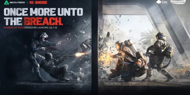 delta-force-rainbow-six-keyart_jpg_640 | Map Bussid Terbaru Promotional banner for Rainbow Six Siege crossover; armed soldiers clash through a breached doorway, with the text 'Once more unto the breach.'
