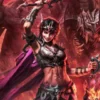 Female armored warrior wielding a raised sword, with a purple cape, in a fiery dragon-filled battlefield scene.