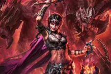 Female armored warrior wielding a raised sword, with a purple cape, in a fiery dragon-filled battlefield scene.