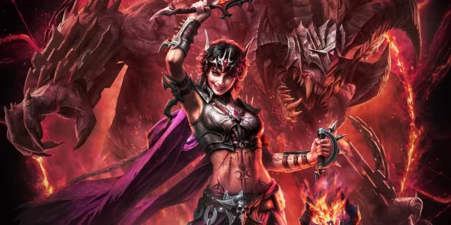diablo-immortal-warlock-keyart_jpg_640 | Map Bussid Terbaru Female armored warrior wielding a raised sword, with a purple cape, in a fiery dragon-filled battlefield scene.