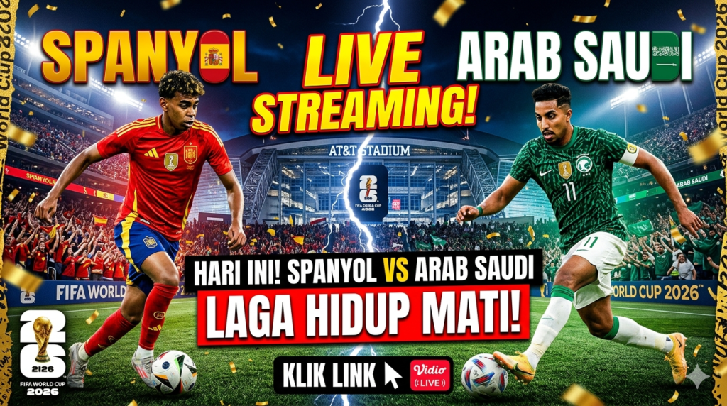 Promotional poster for Spain vs Saudi Arabia football match with 'LIVE STREAMING' headline and players on a stadium field at AT&T Stadium.