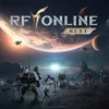 Sci-fi battle scene on a rocky alien landscape under a moon and planets; armored mechs and soldiers advance toward the horizon beneath the 'RF Online Next' title.