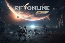 Sci-fi battle scene on a rocky alien landscape under a moon and planets; armored mechs and soldiers advance toward the horizon beneath the 'RF Online Next' title.