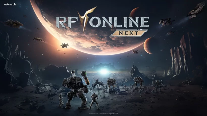 rf-online-next-key-art_jpg_820 | Map Bussid Terbaru Sci-fi battle scene on a rocky alien landscape under a moon and planets; armored mechs and soldiers advance toward the horizon beneath the 'RF Online Next' title.