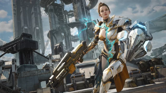 rf-online-next-screenshot-biosuit_jpg_640 | Map Bussid Terbaru Futuristic female armored warrior stands ready with a large sci‑fi gun in a steel industrial cityscape.