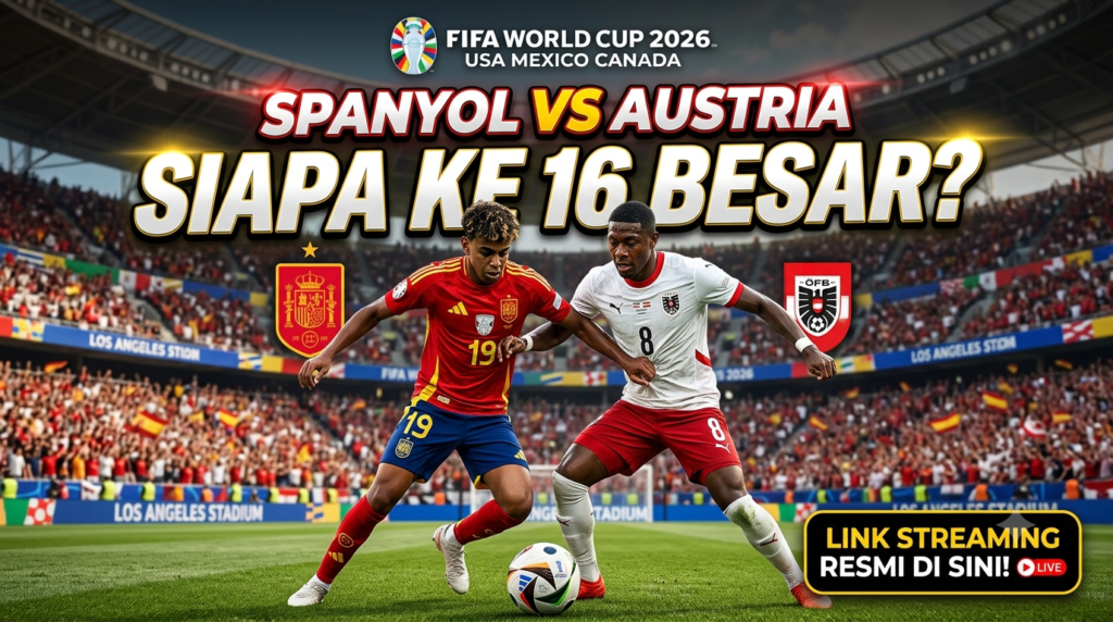 6529 | Map Bussid Terbaru Bold banner announcing Spain vs Austria in the 2026 World Cup, two players contesting the ball on a packed stadium.