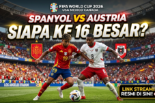 Bold banner announcing Spain vs Austria in the 2026 World Cup, two players contesting the ball on a packed stadium.