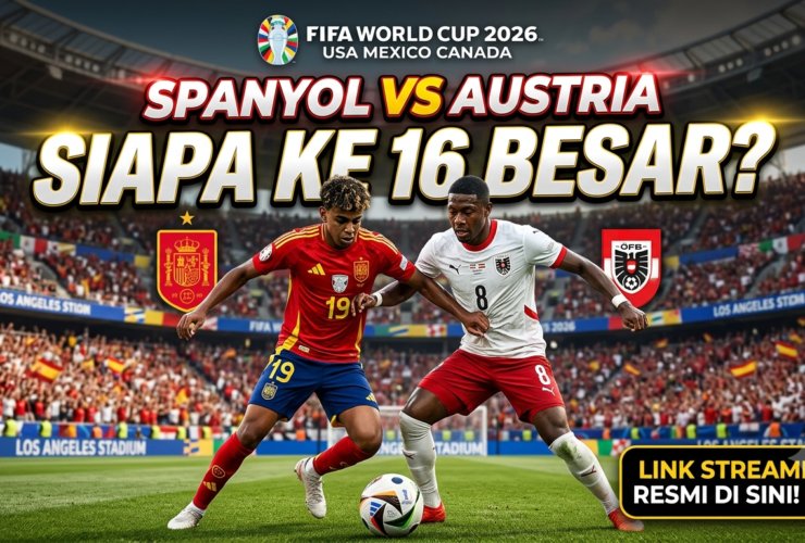 Bold banner announcing Spain vs Austria in the 2026 World Cup, two players contesting the ball on a packed stadium.