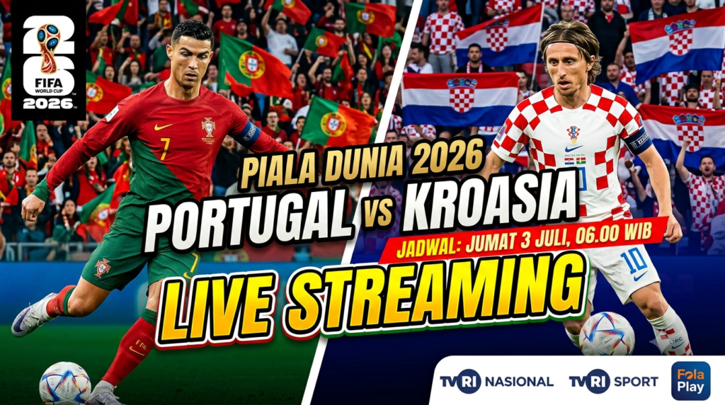 Two soccer players battle for Portugal vs Croatia as bold 'LIVE STREAMING' text dominates the foreground, with World Cup 2026 logo in the corner.