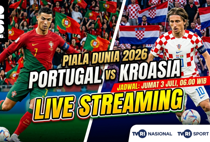 Two soccer players battle for Portugal vs Croatia as bold 'LIVE STREAMING' text dominates the foreground, with World Cup 2026 logo in the corner.