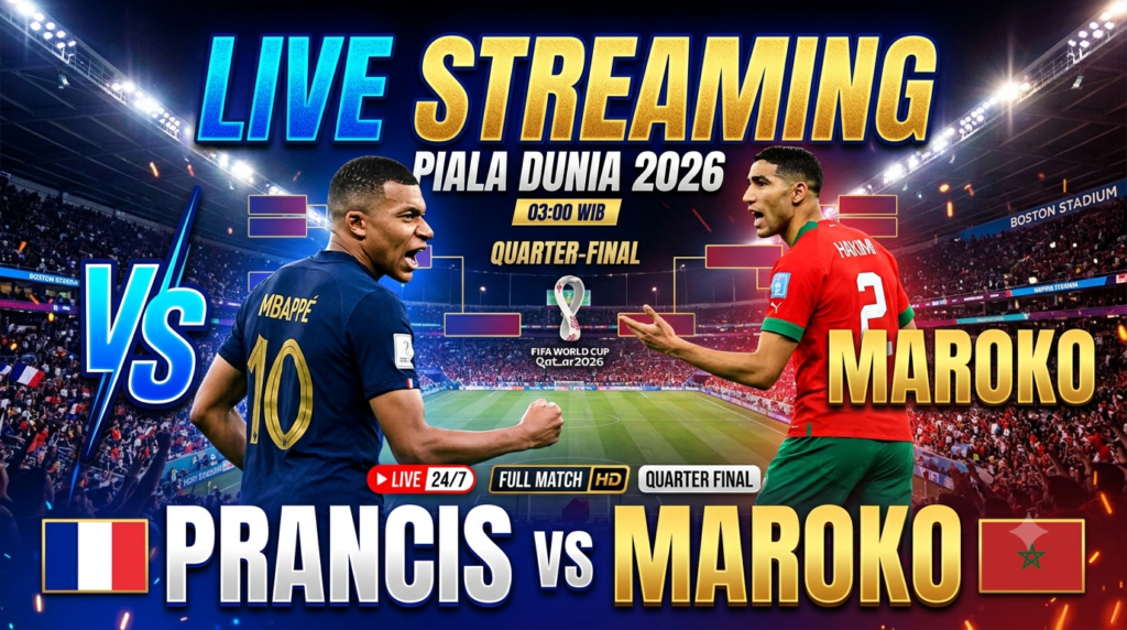 Promotional poster for FIFA World Cup 2026: France vs Morocco, 'Live Streaming' with Mbappé and a Moroccan player, stadium crowd in the background.
