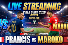 Promotional poster for FIFA World Cup 2026: France vs Morocco, 'Live Streaming' with Mbappé and a Moroccan player, stadium crowd in the background.