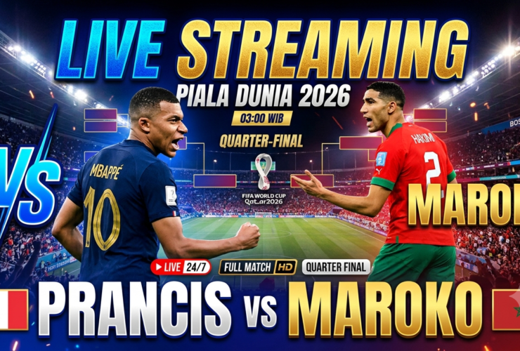Promotional poster for FIFA World Cup 2026: France vs Morocco, 'Live Streaming' with Mbappé and a Moroccan player, stadium crowd in the background.