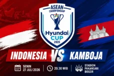 Promo graphic for the ASEAN Championship Hyundai Cup 2026: Indonesia vs Cambodia, Pakansari Stadium, Bogor. Date Mon, July 27, 2026 at 20:30 WIB.