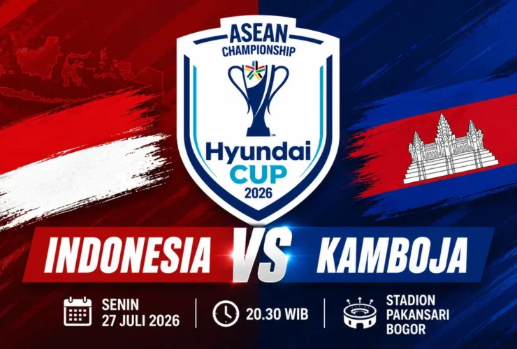 Promo graphic for the ASEAN Championship Hyundai Cup 2026: Indonesia vs Cambodia, Pakansari Stadium, Bogor. Date Mon, July 27, 2026 at 20:30 WIB.